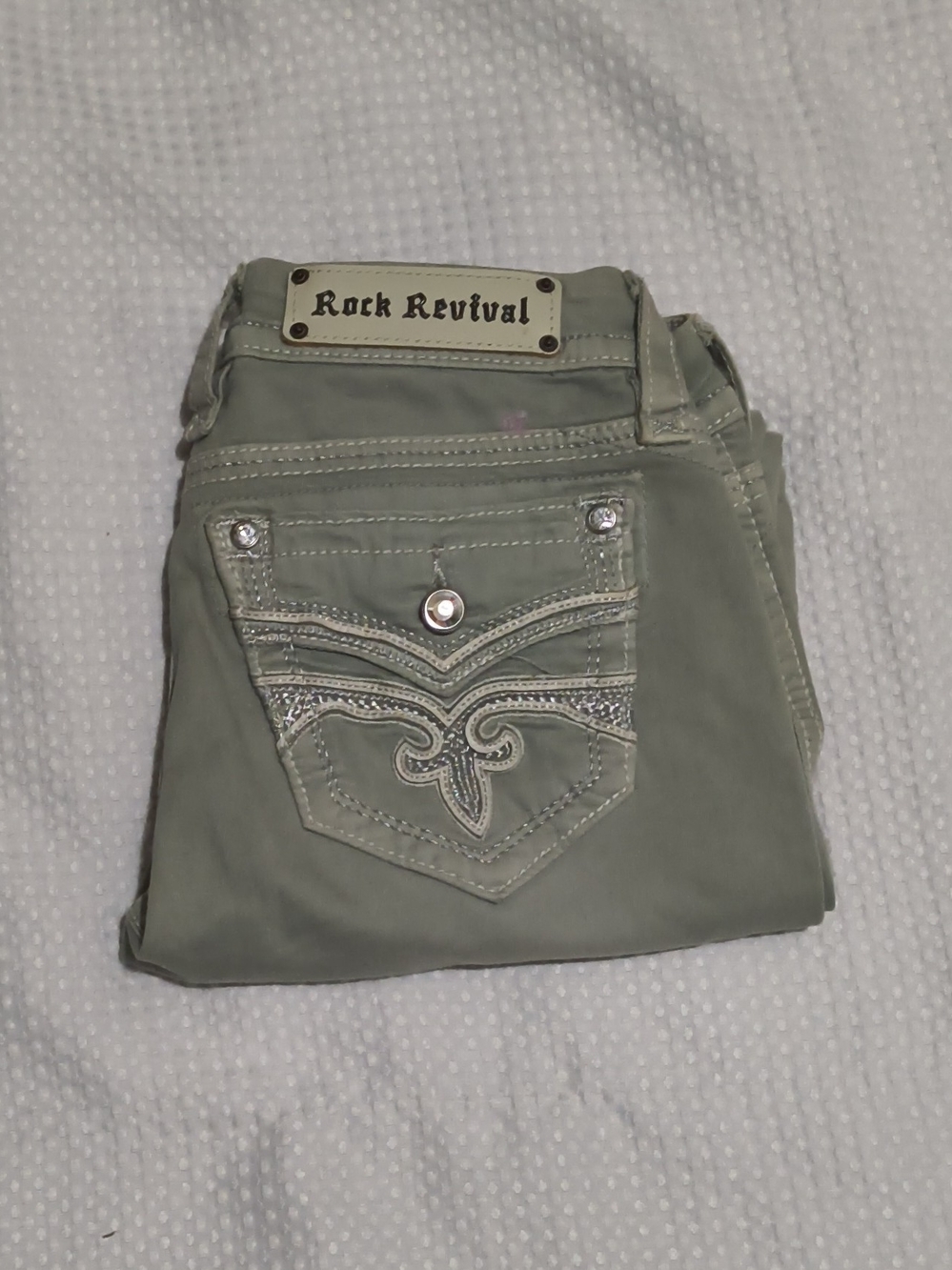Rock Revival Women's Sage Green Skinny Jeans with Embroidered Pocket
